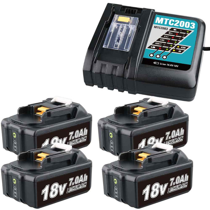 4 Pack For 18V 7.0Ah Makita BL1860B Battery  Replacement & For Makita DC18RC Li-ion Rapid Replacement Battery Charger | 14.4V-18V with Digital Display
