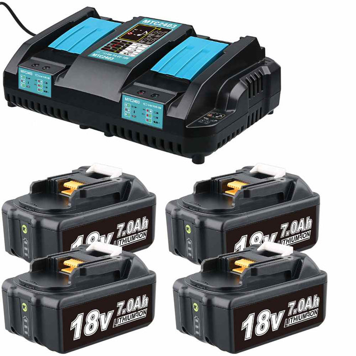 4 Pack For 18V 7.0Ah Makita BL1860B Battery  Replacement & For Makita DC18RD Li-ion Rapid Replacement Battery Charger | 14.4V-18V with Digital Display