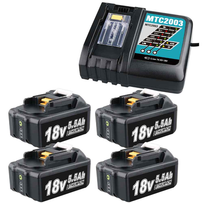4 Pack For 18V 5.5Ah Makita BL1860B Battery  Replacement & For Makita DC18RC Li-ion Rapid Replacement Battery Charger | 14.4V-18V with Digital Display