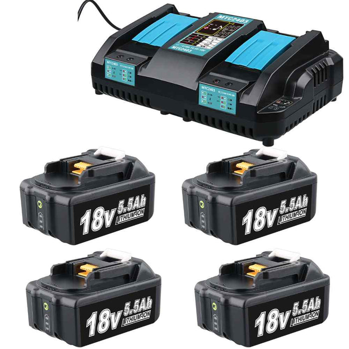 4 Pack For 18V 5.5Ah Makita BL1860B Battery  Replacement & For Makita DC18RD Li-ion Rapid Replacement Battery Charger | 14.4V-18V with Digital Display