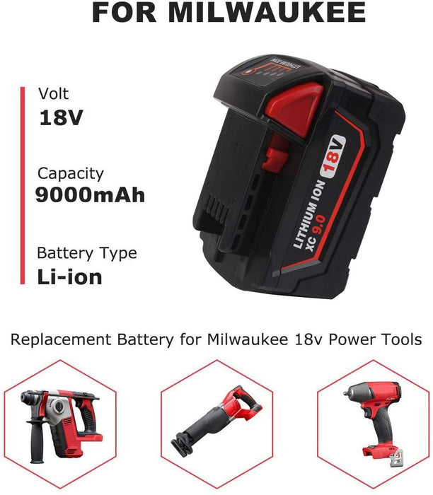 For Milwaukee M18 9.0Ah Battery Replacement | 18V Lithium Battery 2 Pack