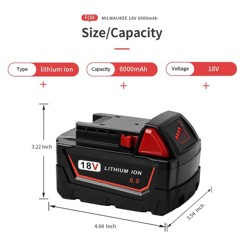 For Milwaukee 18V Battery 6Ah Replacement | M 18 Battery 2 PACK