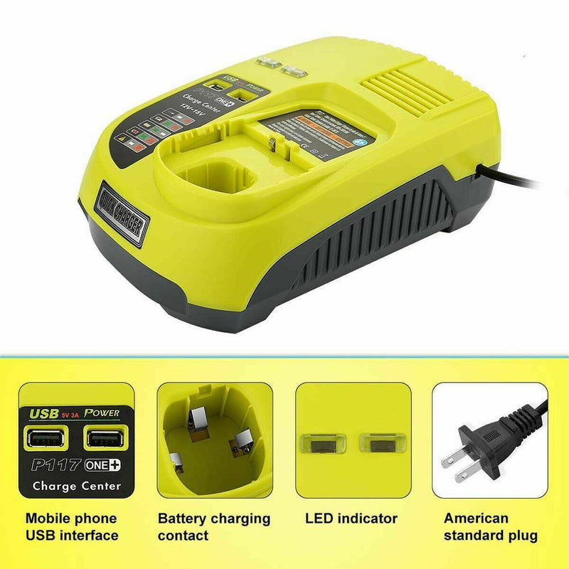 For Ryobi One Plus Replacement Battery Charger P117  With USB| 18V-12V